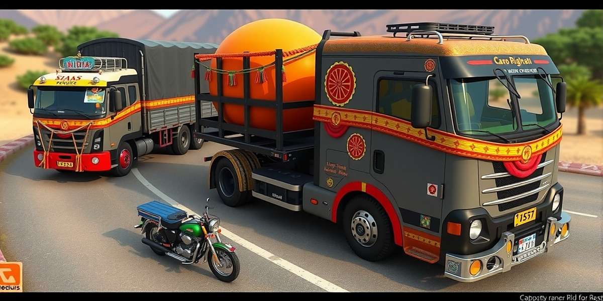 Various vehicles in Cargo Runner including tempo, pickup truck, and heavy-duty truck with traditional Indian decorations