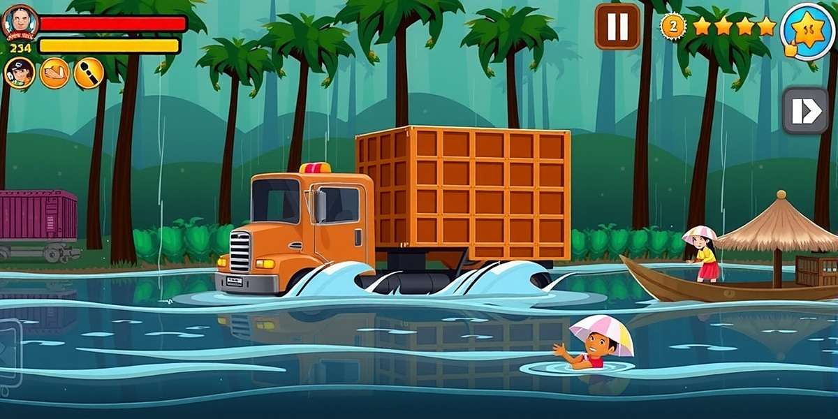 Cargo Runner gameplay showing a truck stuck in a monsoon flood with villagers helping to push